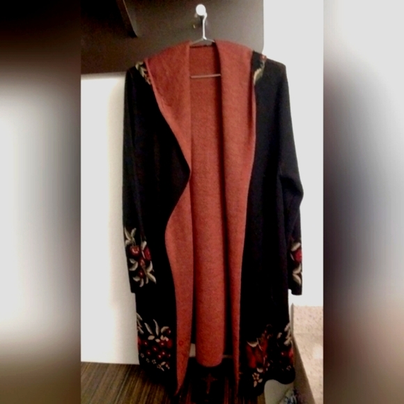 BCBG max sport lack floral duster wool blend large pockets hood open sweater - Picture 3 of 5